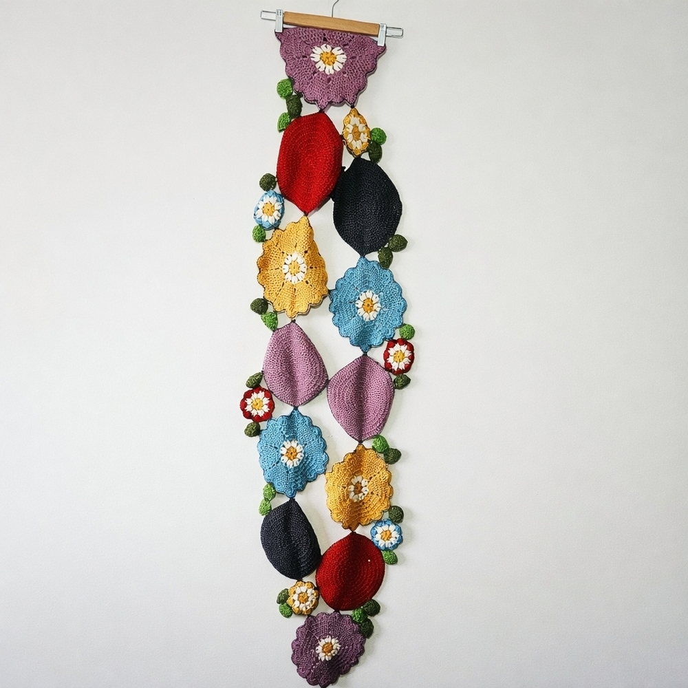 Handmade Crochet Floral Granny Square Table Runner Doily Colorful Knit
